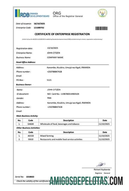 Certificado de registro empresarial em branco de Ruanda modelo Word e PDF